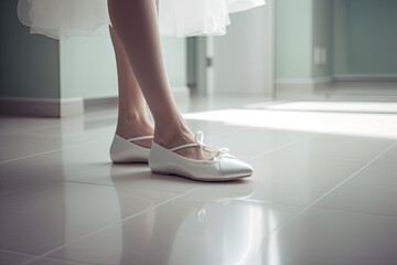 Ballerina girl in white dress and flat shoes with bow on white background. Generative AI