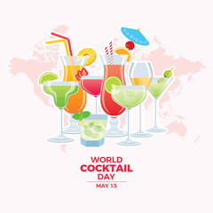 World Cocktail Day vector illustration. Different types of alcoholic drinks icon set. Colorful cocktails and world map design element. Alcoholic mixed drink vector. Important day