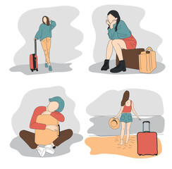 A set of illustrations with girls without a face on the topic of travel, recreation, tourism, luggage, waiting for a trip