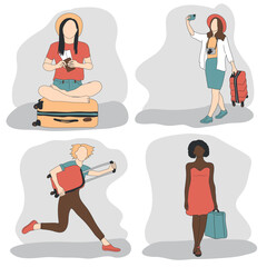 A set of four vector illustrations with girls without a face with a suitcase, showing travel, leisure, tourism, business trip.