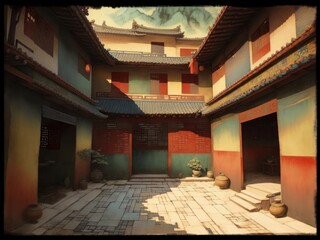 Fototapeta premium A vintage chinese painting of traditional of courtyards houses created with generative ai
