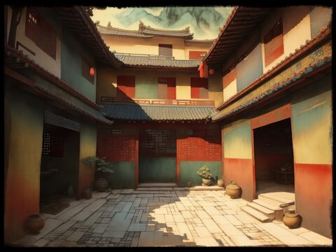 A vintage chinese painting of traditional of courtyards houses created with generative ai