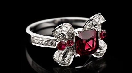 A silver  ring with a red stone and diamonds on black background