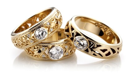 golden rings with diamonds on them on white background