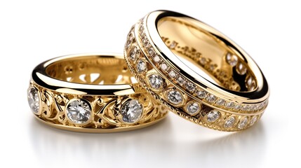 golden rings with diamonds on them on white background