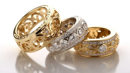 golden and silver rings with diamonds on them on white background