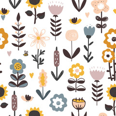 Cute hand drawn flowers, hearts, and birds seamless pattern. Nursery or rustic background in Scandinavian style, pastel palette. © Toltemara