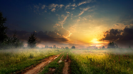 Obraz premium Rural road in green grass and orange summer sunset.