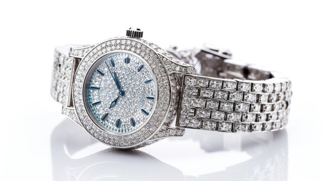 A silver watch with diamonds on white background