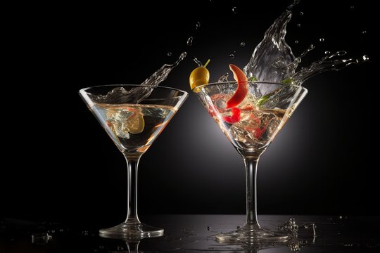 glass cocktail glasses in cocktail splashes on black background. time of evening life. club party, generative ai