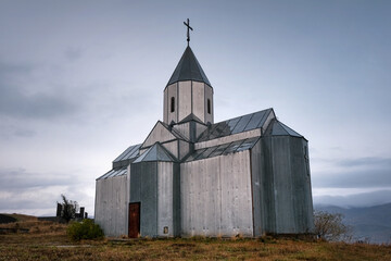 Metal Church on cloudy autumn day. Spitak, Lori Province, Armenia.