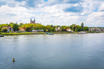 Speyer, Rhineland-Palatinate, Germany - 14 May 2023: Cityscape with harbor and  Rhine river with cathedral in background