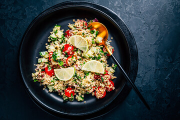 Tabbouleh salad, traditional middle eastern and arab dish. Levantine vegetarian salad.