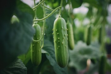 Small fresh cucumbers in the greenhouse. Generative AI