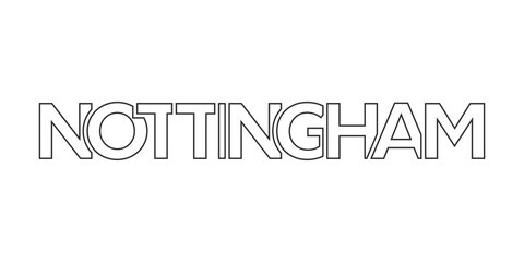 Nottingham city in the United Kingdom. The design features a geometric style illustration with bold typography in a modern font 