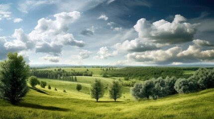 Fototapeta na wymiar A mesmerizing view of a green landscape with trees under a beautiful cloudy sky