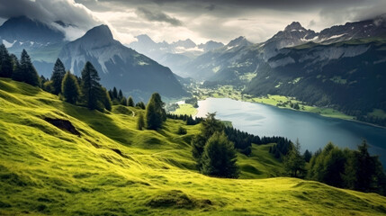 View of a green landscape with trees, a lake and mountains in Switzerland