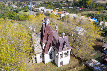 Drone view of St. Nicholas church on sunny autumn day. Amrakits village, Lori Province, Armenia.