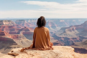 Fototapeta na wymiar Black girl relaxing. African american woman sit on top of mountain Grand Canyon National Park, USA. Generative AI.