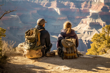 Couple on hiking travel. Woman and man with backpacks sit on edge of Grand Canyon National Park, USA. Generative AI. - obrazy, fototapety, plakaty