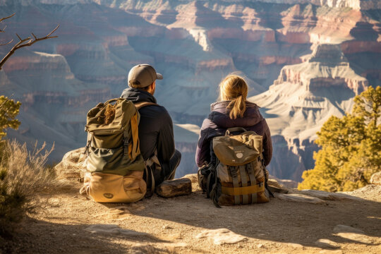 Couple on hiking travel. Woman and man with backpacks sit on edge of Grand Canyon National Park, USA. Generative AI.