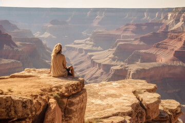 Fototapeta na wymiar Black girl relaxing. Woman sit on top of mountain Grand Canyon National Park, USA. Generative AI.