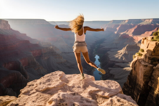 Woman jump on top of mountain Grand Canyon National Park, USA. Generative AI.