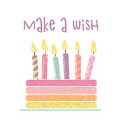 Vector illustration with birthday cake and text lettering make a wish . Cute childish design concept of happy birthday postcard. For print material, blog, greeting card, poster and party elements
