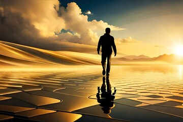 Man walking on water at sunset Generativ AI technology