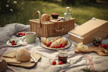 Picnic basket with fruit and bakery on cloth in garden. AI generated