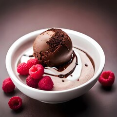 An artistic composition featuring a scoop of chocolate ice cream placed delicately on a white porcelain plate
