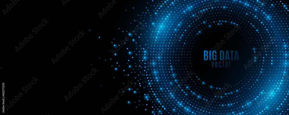 Poster futuristic digital circles of blue glowing particles. big data visualization into cyberspace. abstra