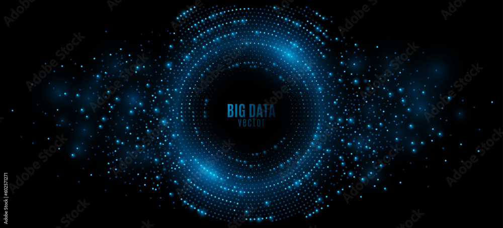Poster digital circles of blue glowing dots. information particles in a neural network. big data visualizat