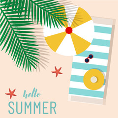 Tropical beach card with sand, sea and palm trees. Summer cards with starfish, hat, beach umbrellas and glasses. vector illustration