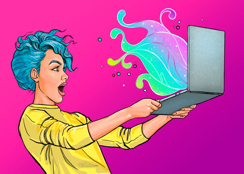 Young amazed woman with laptop in the hand in comic style. IT Advertising poster of smart girl standing and using computer. Business, technology and office concept.