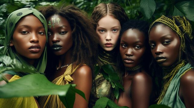 Generative ai women of different ethnicities posing in tropical rainforest jungle