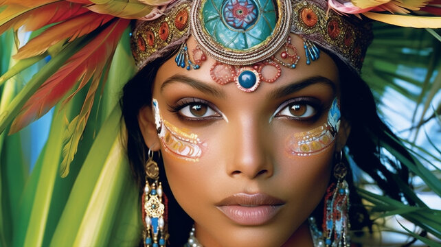 Generative AI portrait of indigenous woman wearing authentic war bonnet
