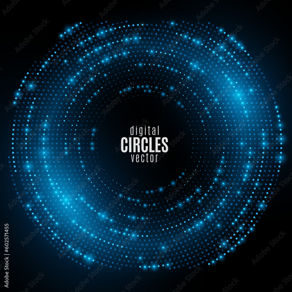Poster digital futuristic circles of blue glowing particles. big data visualization into cyberspace. abstra