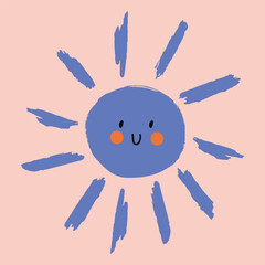 Isolated blue sun with smile. Vector cute character.