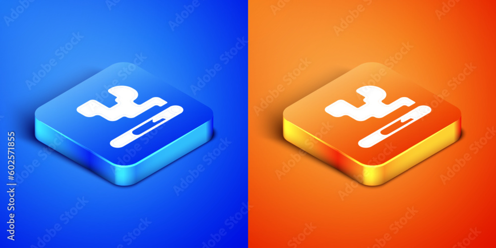 Wall mural isometric cigarette icon isolated on blue and orange background. tobacco sign. smoking symbol. squar