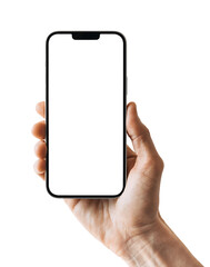 Phone mockup in hand - clipping path, Studio shot of smartphone with blank white screen for web site design, app for mobile phone and advertisement, Isolated design element transparent PNG - 602571827
