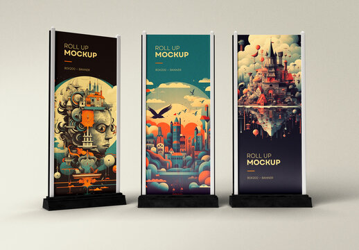 Triple Roll-Up Banner Set Mockup &ndash; Surreal Artwork Presentation for Events or Exhibits