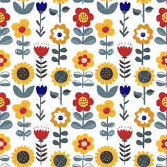 Cute hand drawn flowers seamless pattern. Nursery or rustic background in Scandinavian style. Design for textile, greetings, wallpapers, wrapping paper, card, banner. Vector illustration