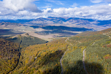 Aerial view of Dzoraget valley from above Pushkin pass on sunny autumn day. Lori Province, Armenia.