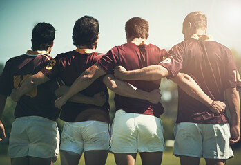 Rugby team, sports and men together outdoor on a pitch for scrum, hug or huddle. Male athlete group playing in sport competition, game or training match for fitness, workout or teamwork exercise