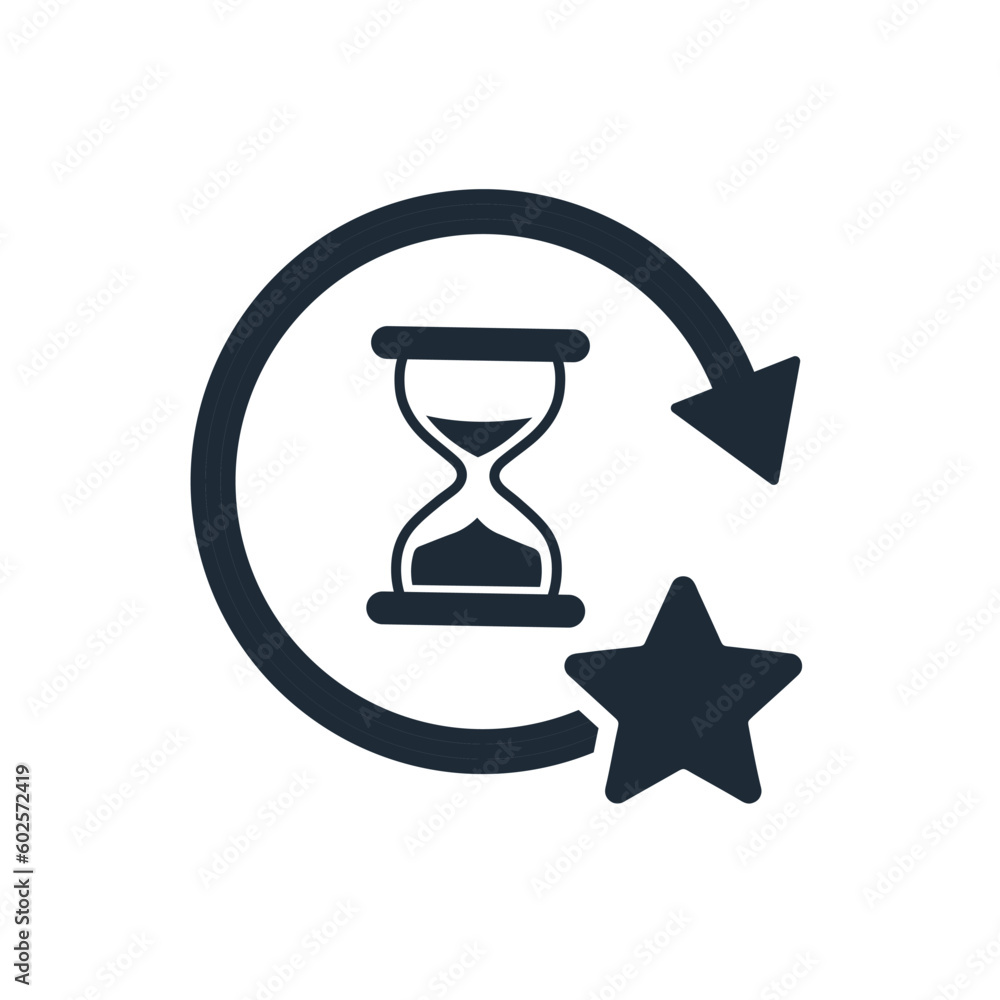 Poster hourglass, movement arrow and star. tested and approved by time. vector linear icon isolated on whit