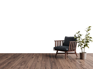 A black chair in an empty room with potted plant, realistic lighting, white background. Decorated home mockup with free space, 3d illustration, 3d rendering.