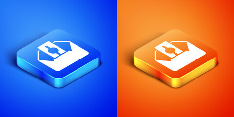 Isometric Donate or pay your zakat as muslim obligatory icon isolated on blue and orange background. Muslim charity or alms in ramadan kareem before eid al-fir. Square button. Vector