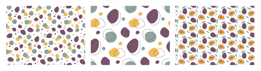 Plum abstract background set. Three pattern collection. Seamless pattern with yellow, purple abstract spots hand drawn sketch. Print for textile, wrapping, wallpaper, cover. Modern color design.