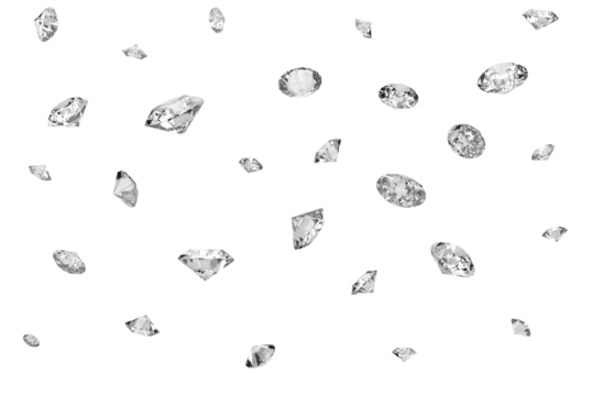 Lots of shiny diamonds falling on. transparent background